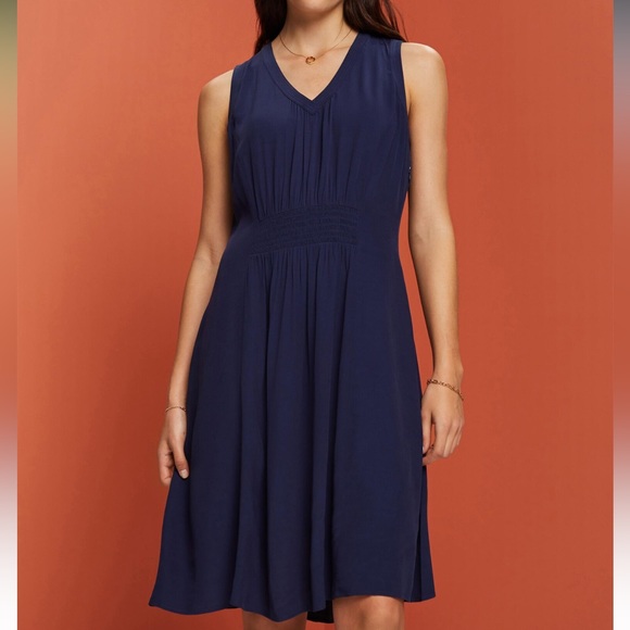 NWT Esprit Smocked Waist Navy Dress XL - Picture 4 of 4
